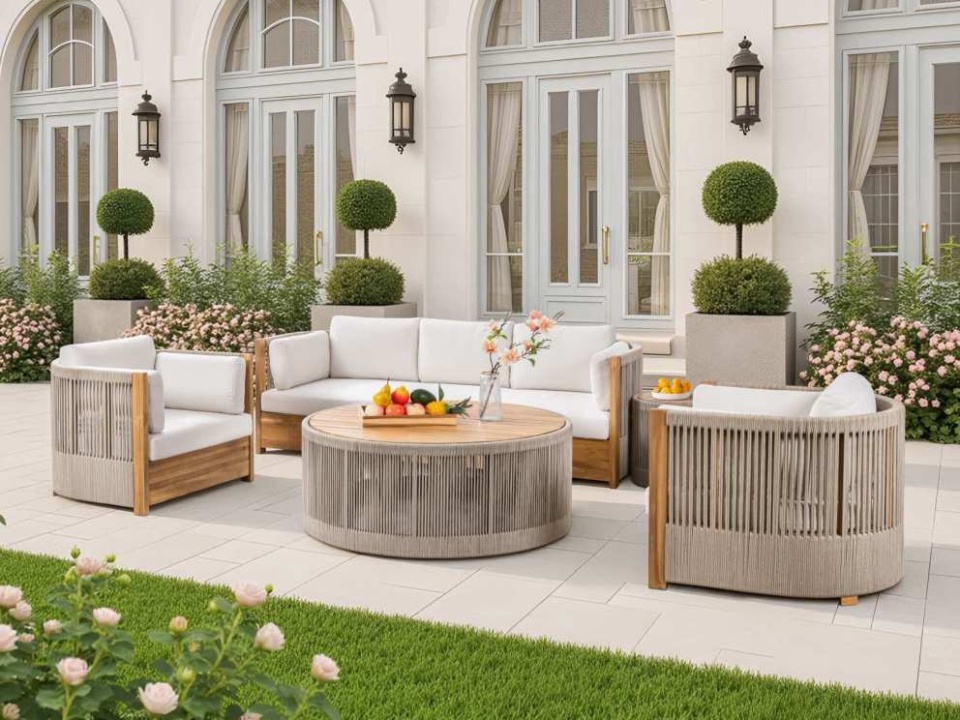 Three-seat sofa, two armchairs and rope-wrapped coffee table on a terrace