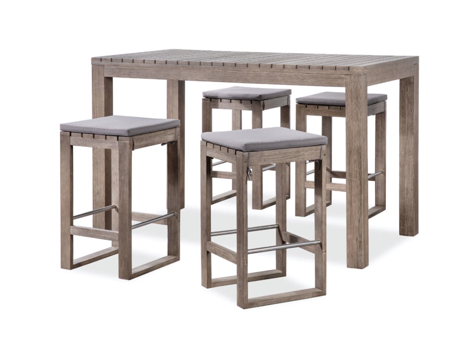 Bộ bàn ghế quầy bar gỗ xám gồm bàn dài và bốn ghế đẩu
