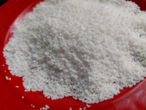 A heap of opaque white tapioca pearls on a red plate