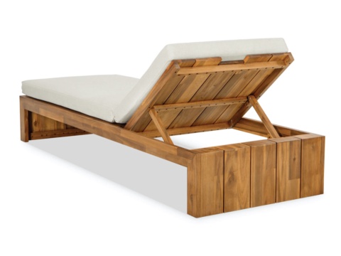 Wooden sun lounger with white cushion and raised backrest on white background