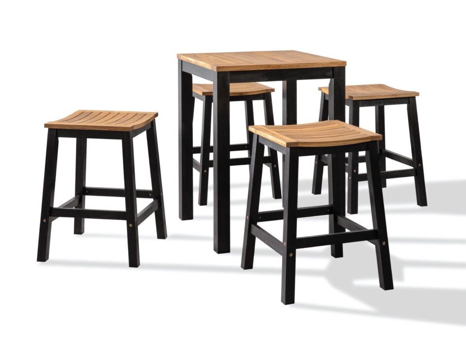 Bar set with black legs and wood tops, a square table and four stools