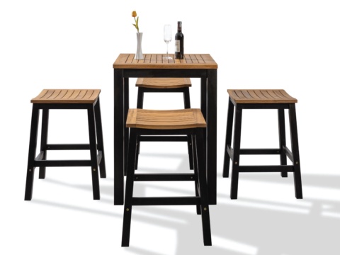 Front view of a bar set with black legs, wood tops and four stools