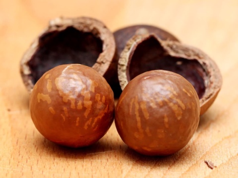 Two whole macadamia nuts beside two split shell halves