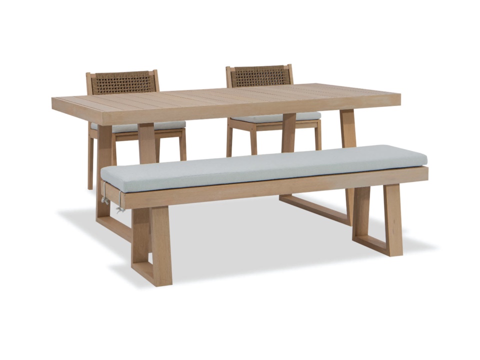 Dining set with long wooden table, two woven-back chairs and a cushioned bench