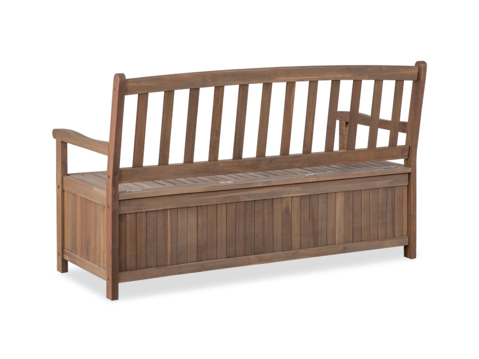 Dark brown wooden storage bench seen at an angle on a white background