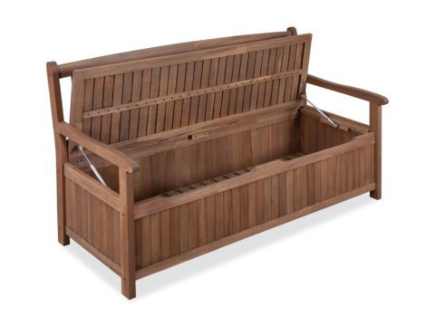 Dark brown wooden storage bench with the lid open, white background