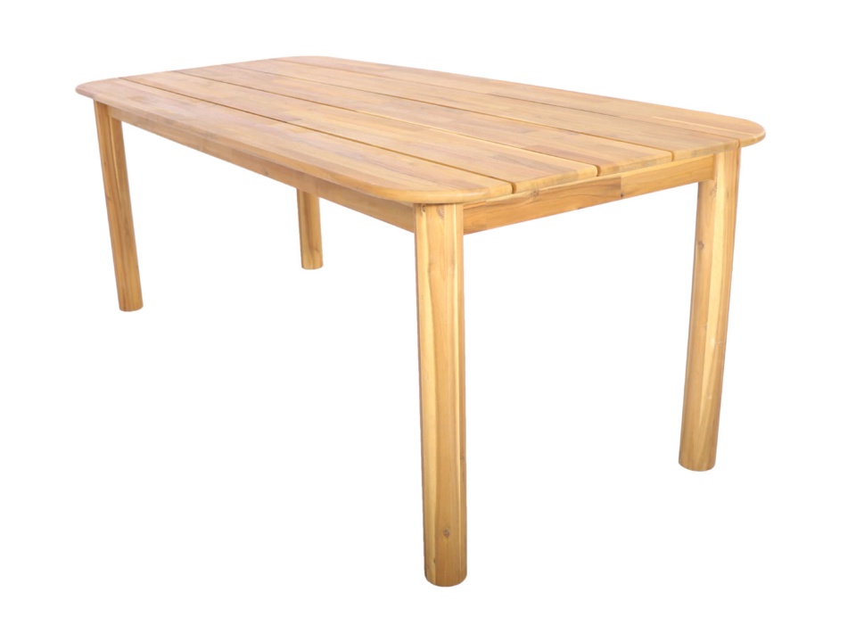 Rectangular outdoor dining table in light wood with rounded corners on white background