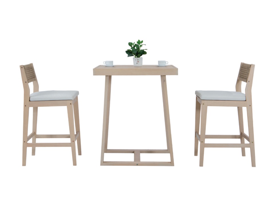 Light wood bar set with a table and two tall chairs, white background