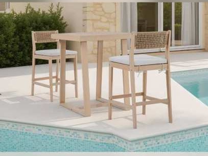 Pale wood bar table and two rope-back bar stools by a pool