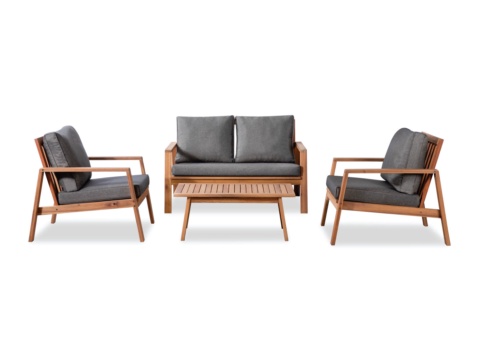 Bộ sofa ngoài trời khung gỗ nâu, đệm xám đậm, nền trắng