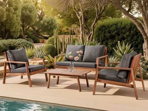 Sofa hai chỗ, hai ghế bành và bàn trà gỗ cạnh hồ bơi