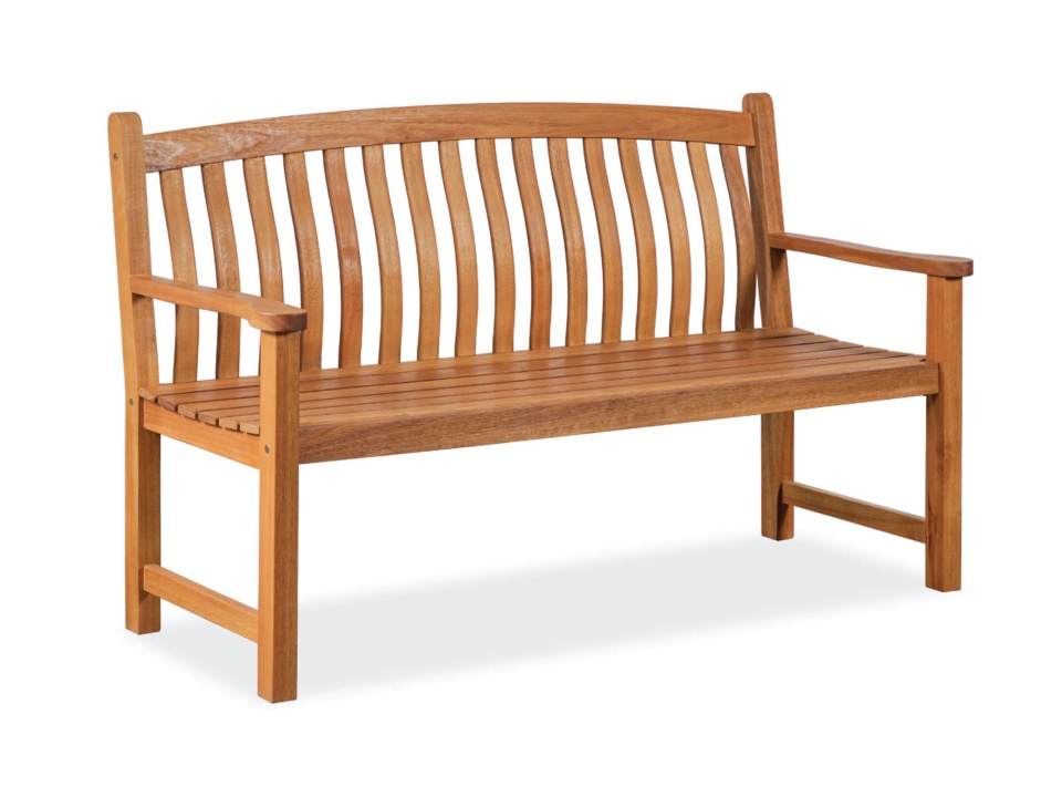 Orange-brown wooden bench with curved slatted back, three-quarter view, white background
