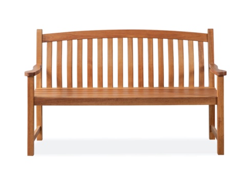 Front view of an orange-brown wooden bench with curved slats