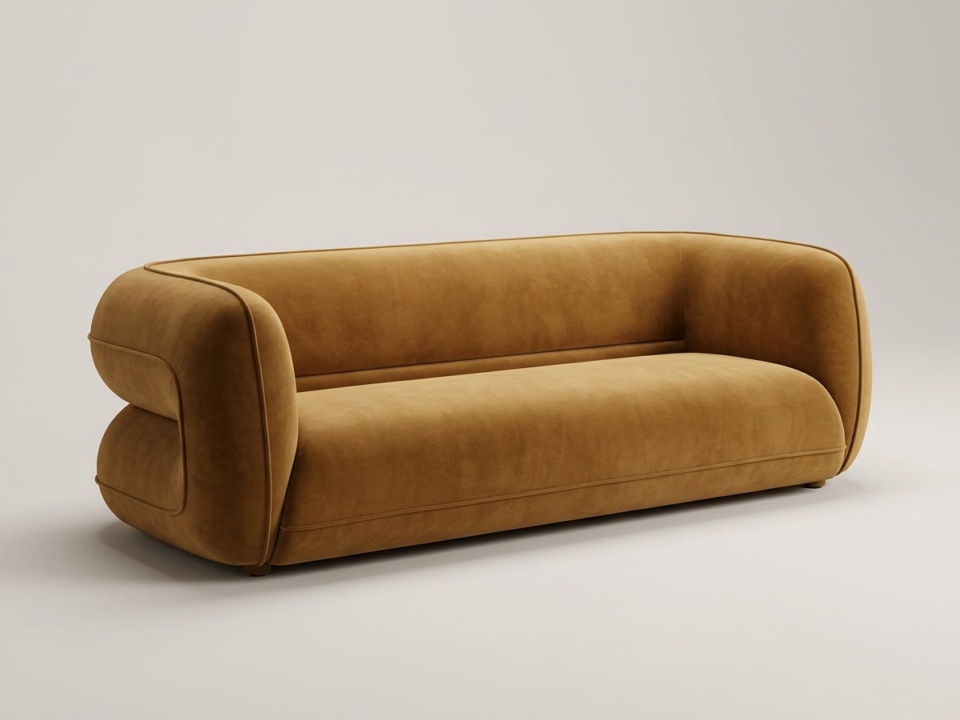 Long ochre fabric sofa with a curved back, on a plain light backdrop