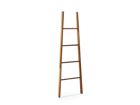 Brown wooden towel ladder leaning at an angle on a white background