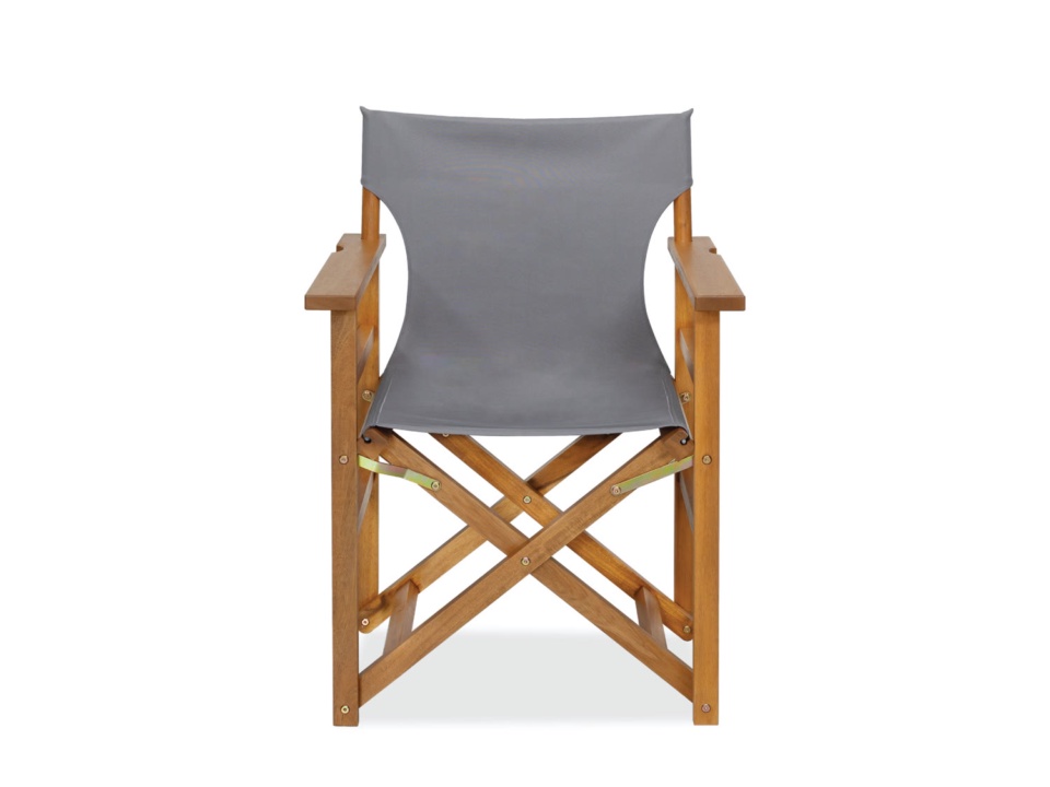 Front view of a director chair with wooden frame and grey fabric