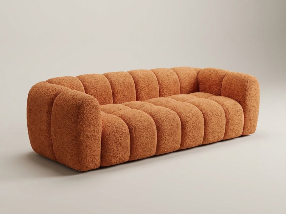 Sofa dài bọc vải xù màu cam, may múi nổi, trên nền sáng trơn