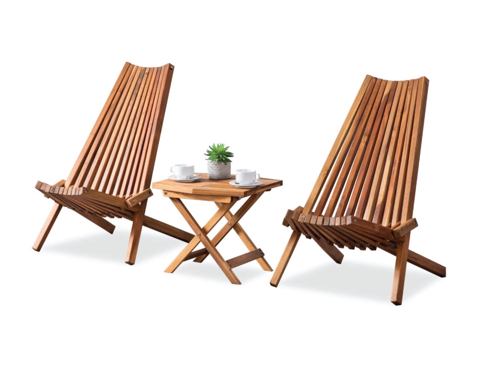 Two low slatted wooden chairs with a small folding table on white background