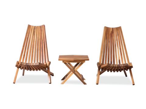 Front view of two low slatted wooden chairs with a small table between them