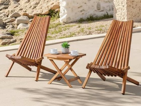 Two low slatted chairs and a small crossed-leg table