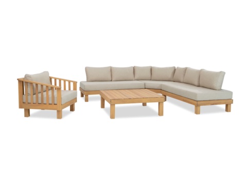 Sofa góc gỗ keo kèm ghế bành và bàn thấp trên nền trắng