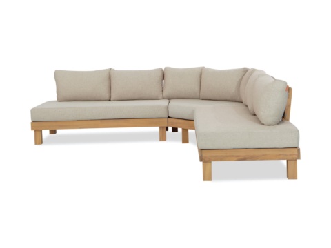 Sofa góc gỗ keo chữ L đệm xám be, nhìn thẳng, trên nền trắng