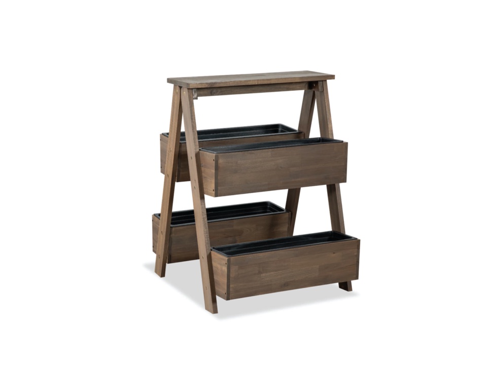 Brown wooden A-frame flower planter stand with two tiers of troughs on white background