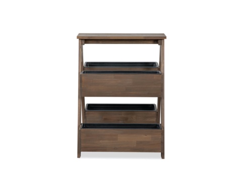 Brown wooden flower planter stand with two tiers seen from the front, white background