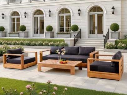 Sofa ba chỗ gỗ bạch đàn đệm xám than, hai ghế bành, bàn trà