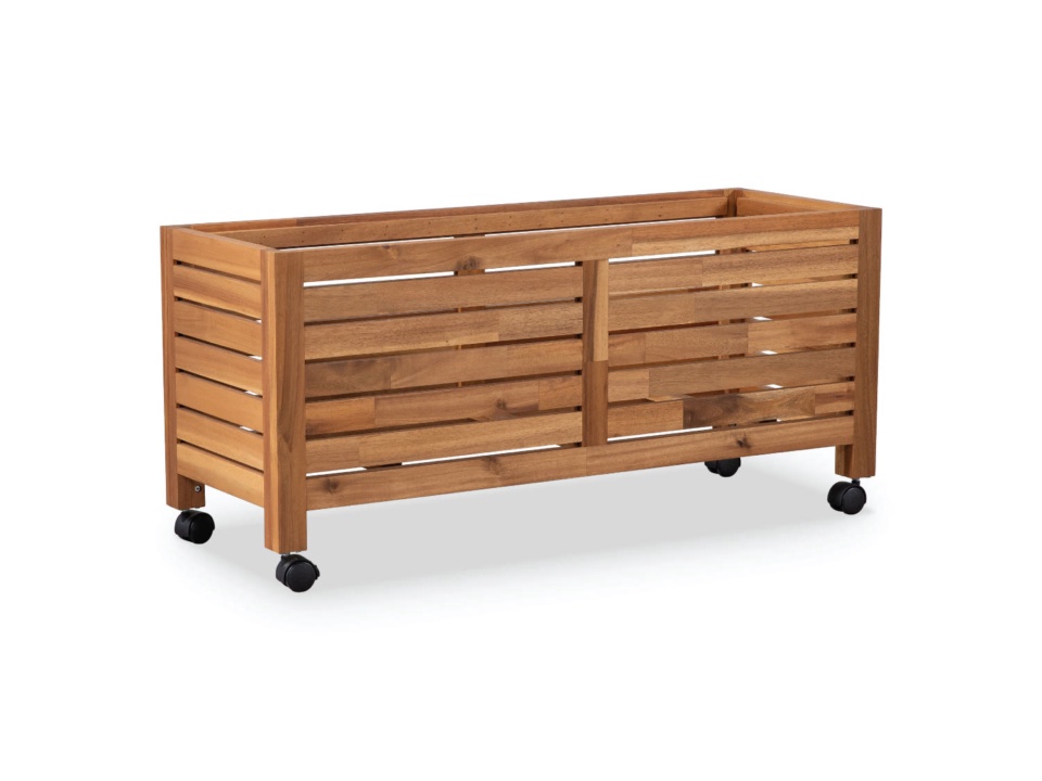Rectangular wooden planter box on wheels with horizontal slats on white background