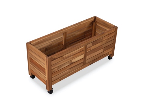 Rectangular wooden planter on wheels, seen from above with empty inside, white background
