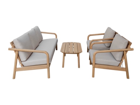 Bộ sofa ngoài trời khung gỗ sáng, đệm màu sáng, nền trắng
