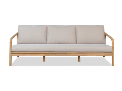 Sofa ba chỗ trong bộ sofa ngoài trời, gỗ sáng, đệm màu sáng