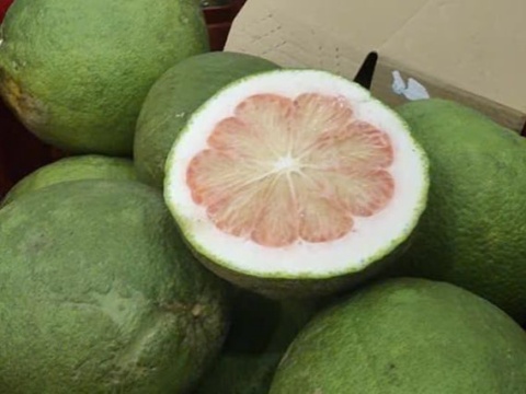 A green-skin pomelo cut in half showing pink flesh among whole pomelos