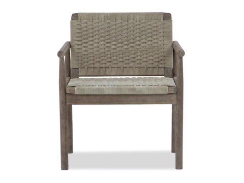 Dining armchair with woven back and seat on grey wood legs, white background