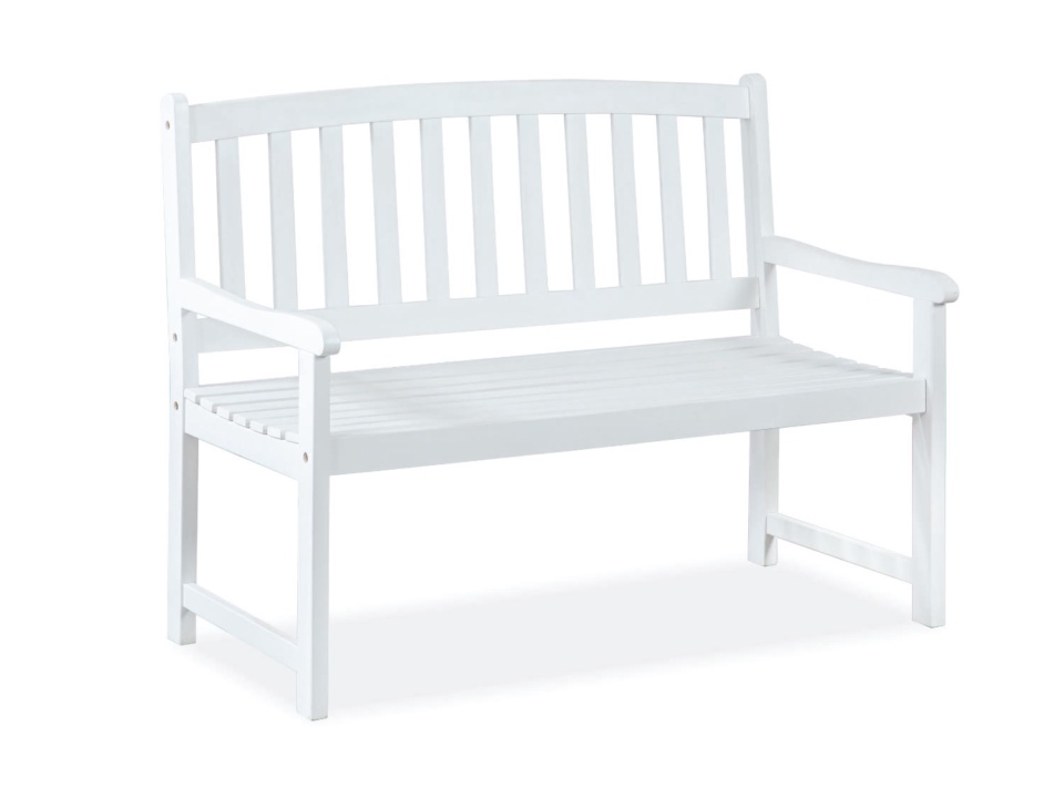 White-painted wooden bench with slatted back, three-quarter view, white background