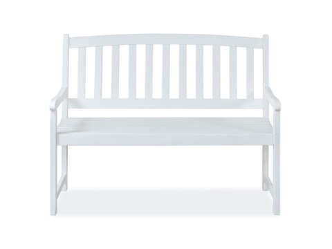Front view of a white-painted wooden bench with slatted back