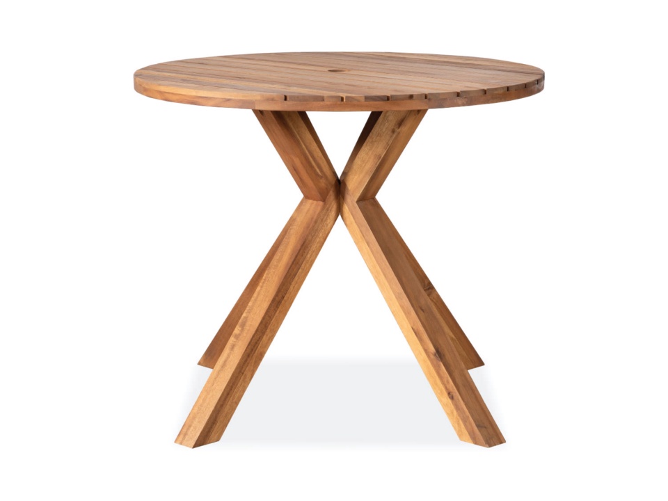 Round garden table in light brown wood with crossed legs on white background