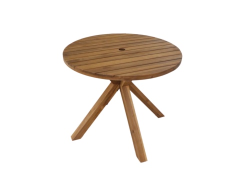 Round garden table in brown wood with slatted top, seen from slightly above