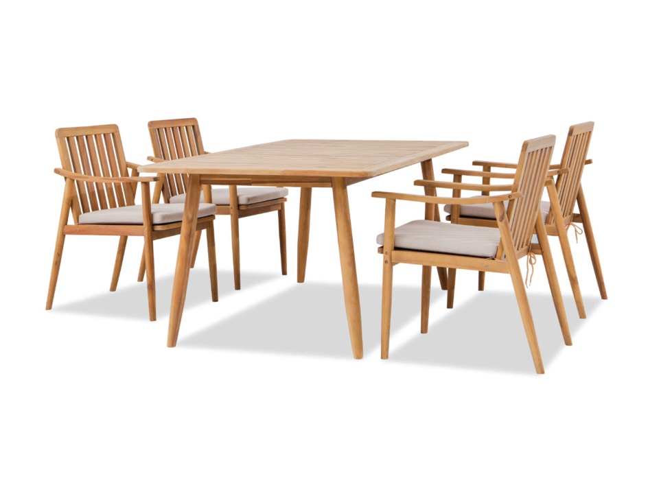 Light wood dining set with long table and four armchairs, white background
