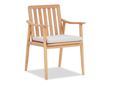 Dining chair with armrests, vertical slat back and beige cushion, white background