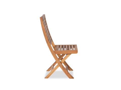 Side view of a honey-brown folding wooden chair on white