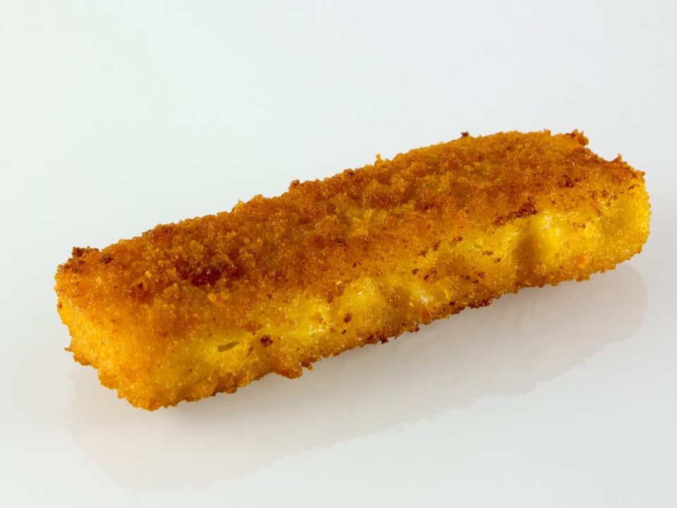 A single golden breaded fish stick on a white background