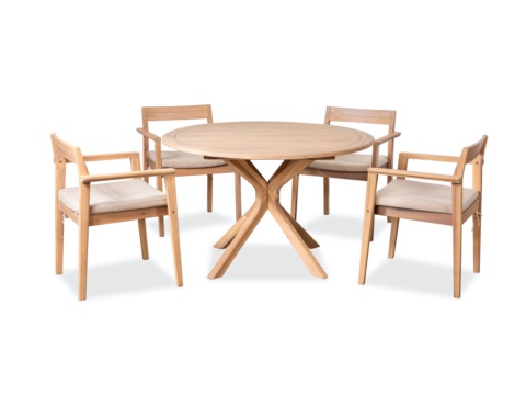 Round light wood dining set with four armchairs and beige seat cushions, front view
