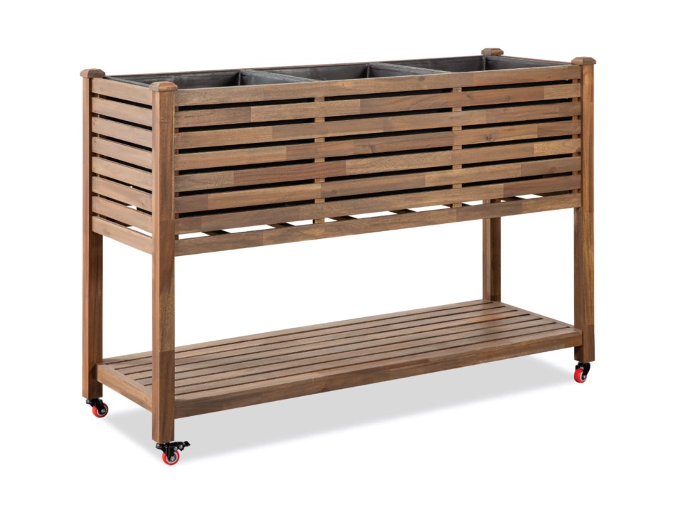 Wooden planter on wheels with lower slatted shelf on white background