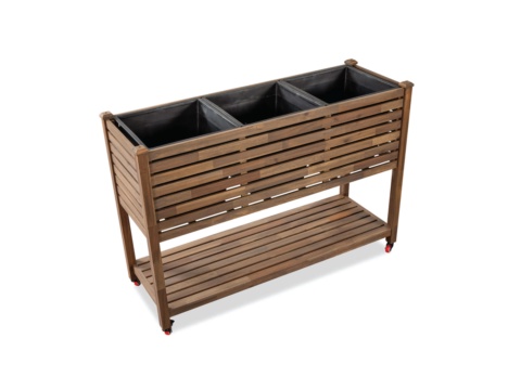 Wooden planter on wheels with three black inner liners, seen from above