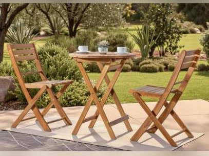 Bàn tròn nhỏ và hai ghế gỗ chân chéo đặt trên thảm ngoài vườn