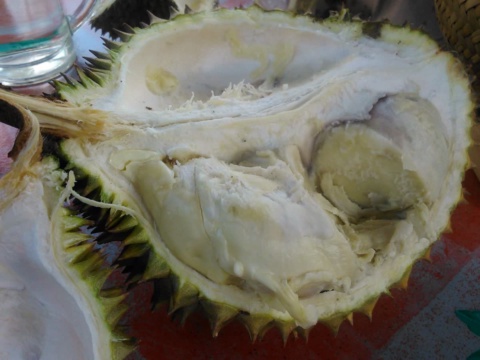 A durian cut open showing pale pulp inside