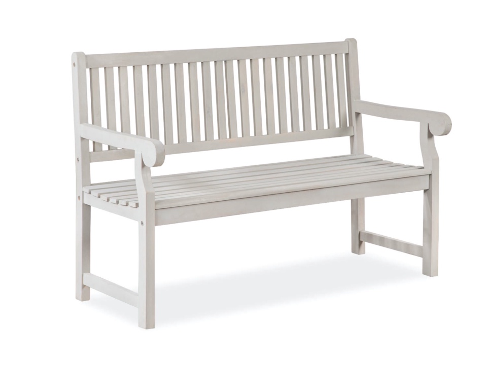 White-painted wooden bench with scrolled armrests, three-quarter view, white background