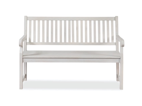 Front view of a white wooden bench with scrolled armrests